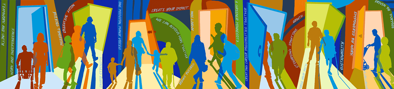 An artist's rendering of her mural. It shows silhouttes of many people in many primary colors walking through doorways