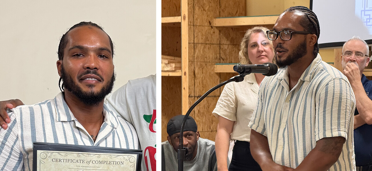 On the left is a male holding a certificate of completion document in his hand. On the right, a male is speaking in front of a crowd of people.