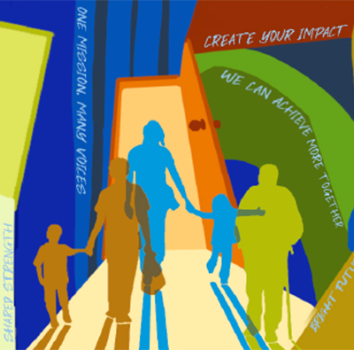 Colorful painting showing silhouettes of people entering doorways