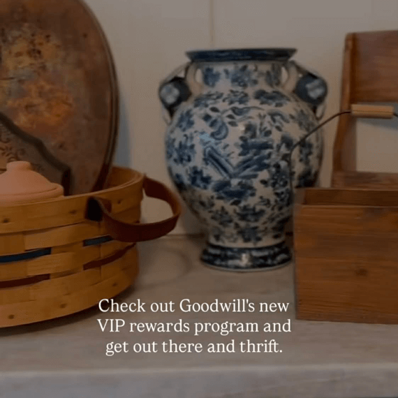 White text saying, "Check out Goodwill's new VIP rewards program and get out there and thrift"