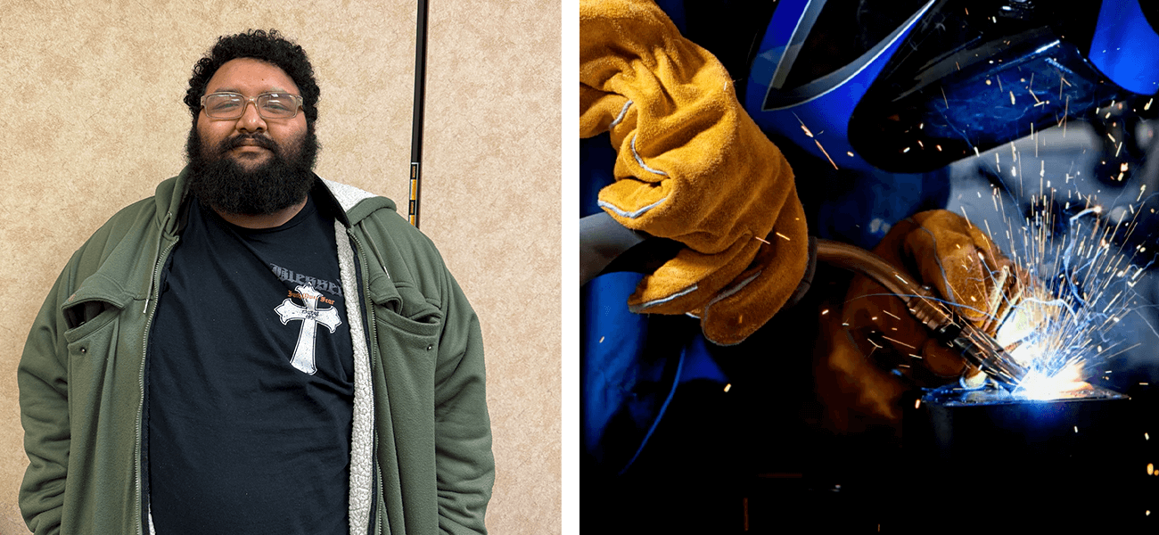 On the left side is a male wearing glasses smiling. On the right side is a welder. 