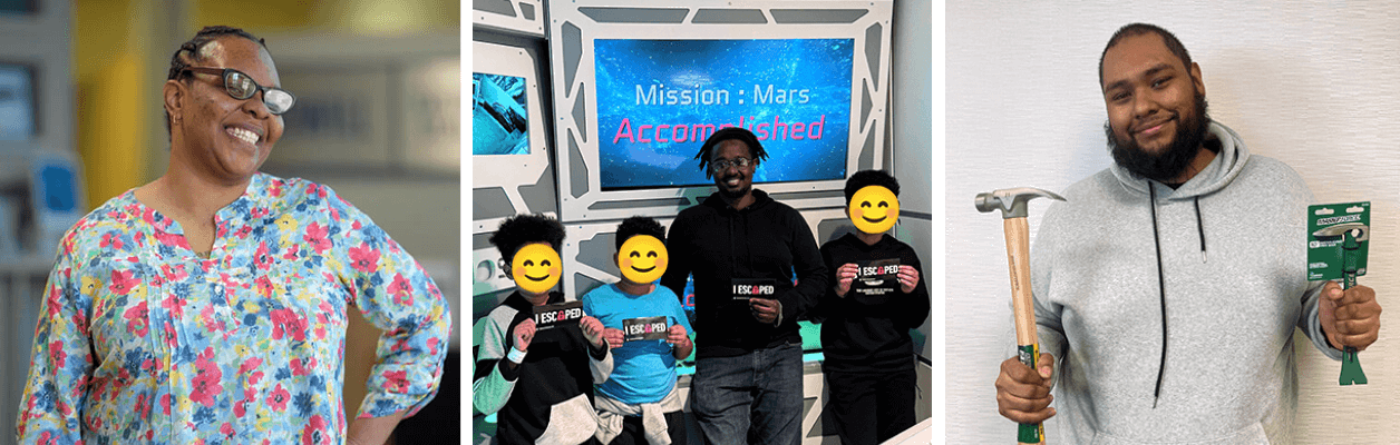 Collage image of a woman smiling, a man with his 3 young sons, and a man smiling holding his new job construction tools