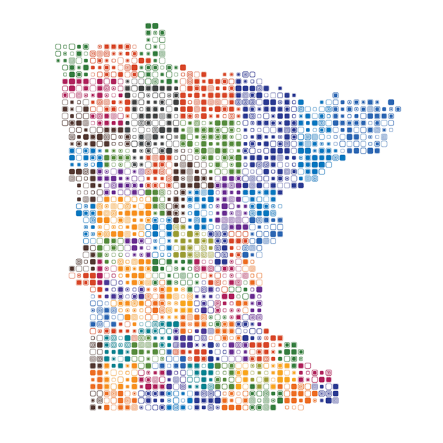 An outline of the state of Minnesota represented by multi-colored circles