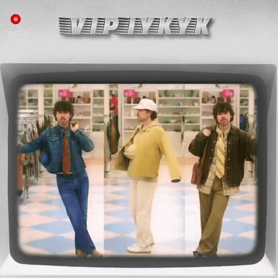 Text at the top saying "VIP IYKYK". Below are three images of a male in three different thrifted outfits.